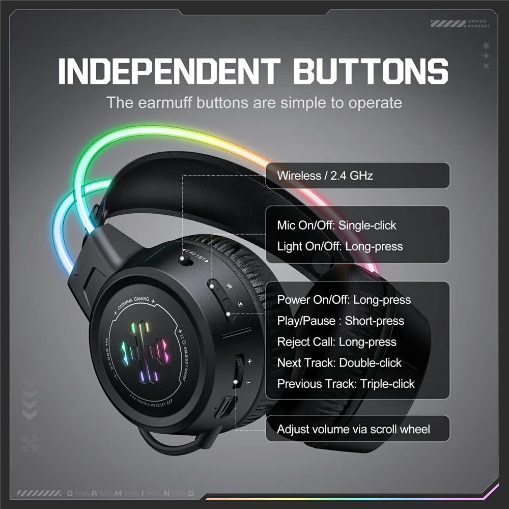 ONIKUMA GT889 Gaming Headset 2.4G Wireless Bluetooth-compatible Wired Triple-Mode RGB Lighting PC Headphones - Black - 7