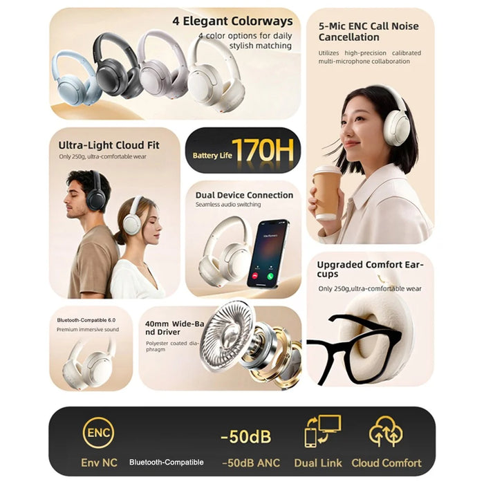 ZAODON YUNX Bluetooth-compatible Headphones 50dB ANC Noise Cancelling Over-Ear Wireless Headset - Beige - 7