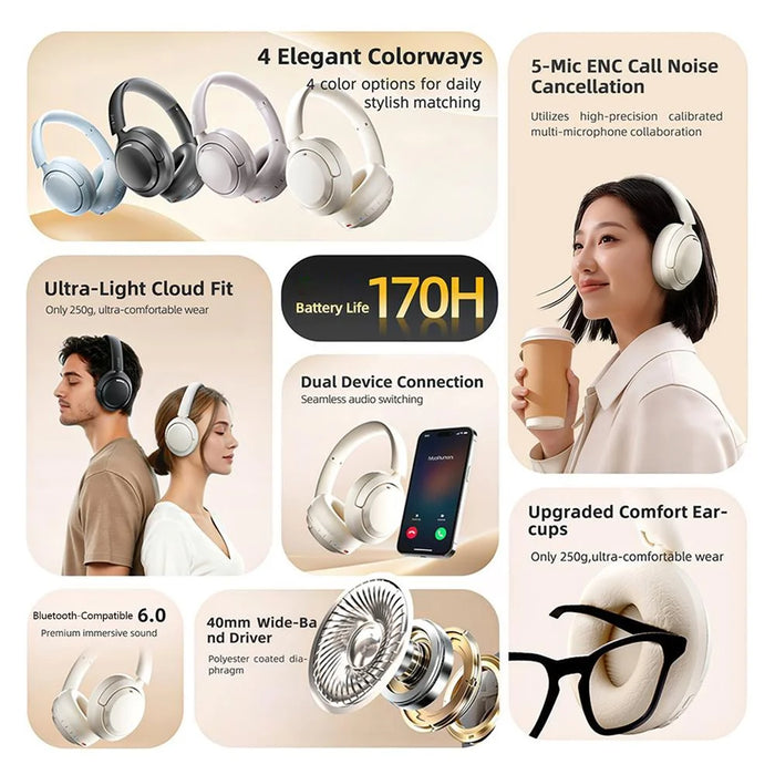 ZAODON V10 Active Noise Cancelling Headphones Bluetooth-compatible 6.0 Headset - White - 3