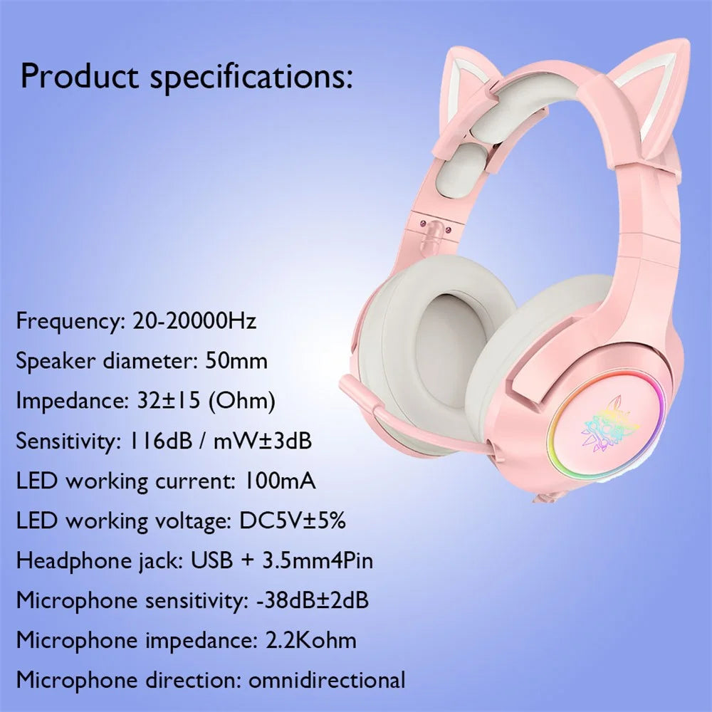 ONIKUMA K9 Cute Cat Ear Girls Gaming Headphones Head-Mounted PC Stereo Earphone Headphone with Mic LED Light - Black - 5