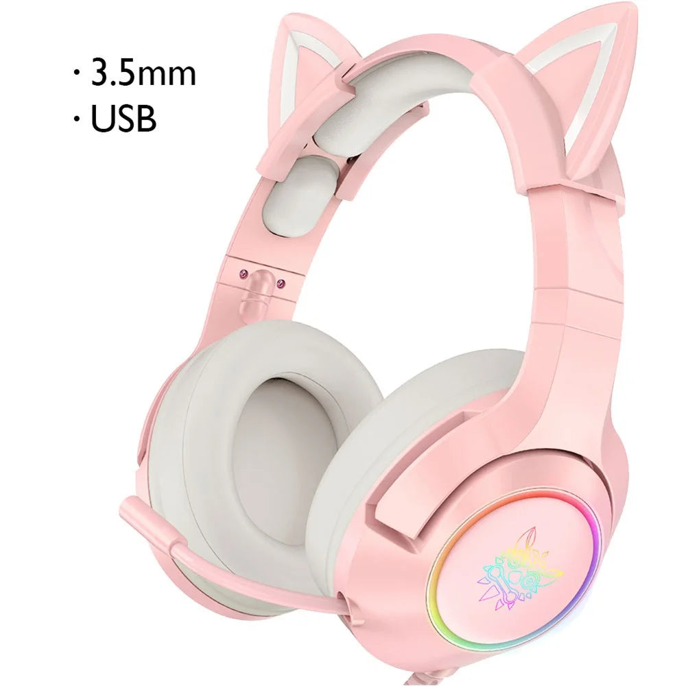 ONIKUMA K9 Cute Cat Ear Girls Gaming Headphones Head-Mounted PC Stereo Earphone Headphone with Mic LED Light - Black - 6