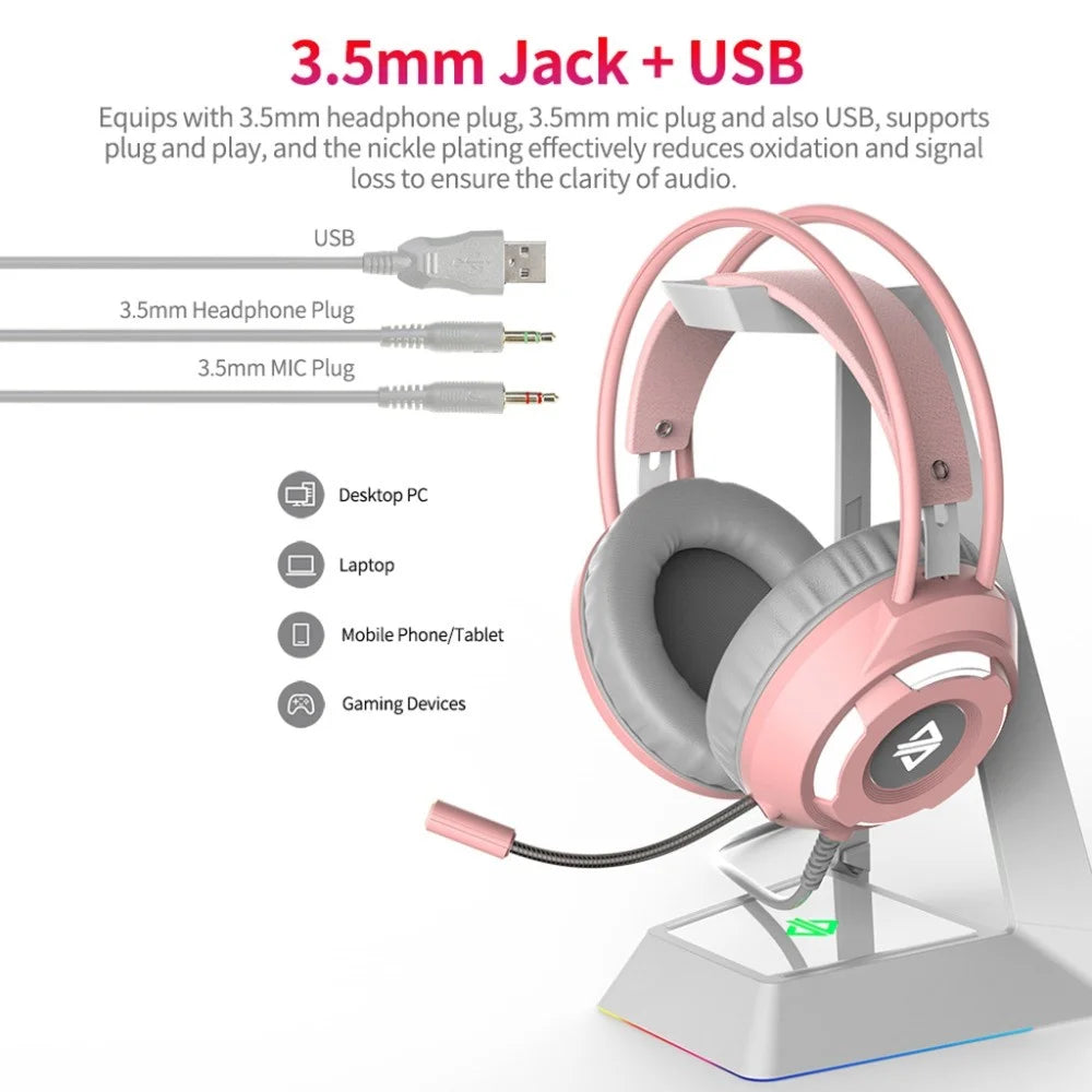 AJAZZ AX120 Gaming Headset Over Ear Headphone 3.5mm + USB Plug with Noise-Reduction Mic - Pink - 2