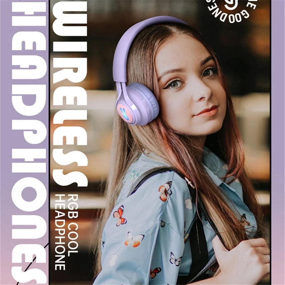BT06+ Folding Over-ear Headset Cute Wireless Bluetooth-compatible Kid's Headphone With Microphone LED Light - Purple - 4