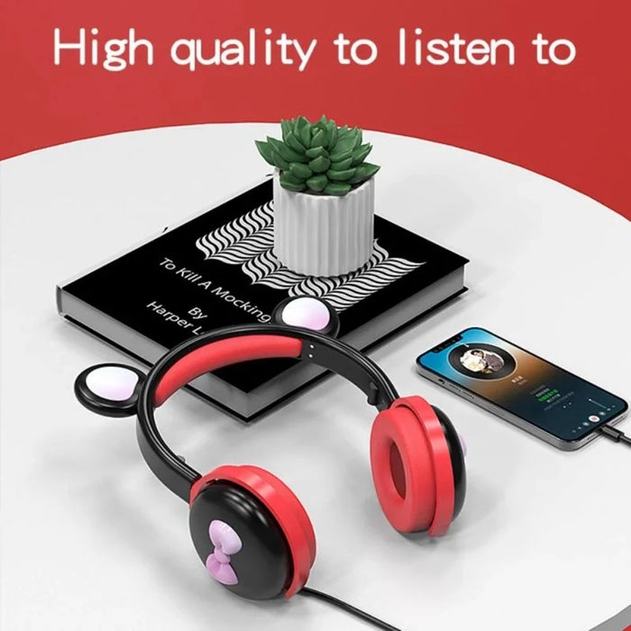 BK7 Cute Bear Wireless Bluetooth-compatible Headset Cartoon LED Light AUX-In Over Ear Headphone Children's Gift (CE Certificated) - Black/Red - 2