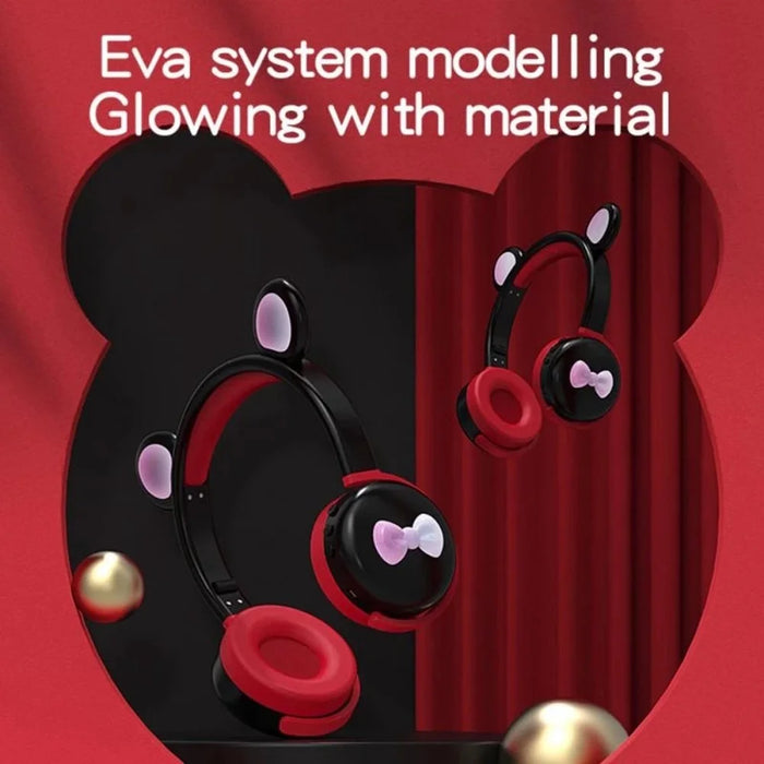 BK7 Cute Bear Wireless Bluetooth-compatible Headset Cartoon LED Light AUX-In Over Ear Headphone Children's Gift (CE Certificated) - Black/Red - 4