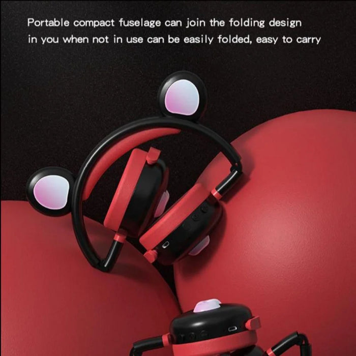 BK7 Cute Bear Wireless Bluetooth-compatible Headset Cartoon LED Light AUX-In Over Ear Headphone Children's Gift (CE Certificated) - Black/Red - 5
