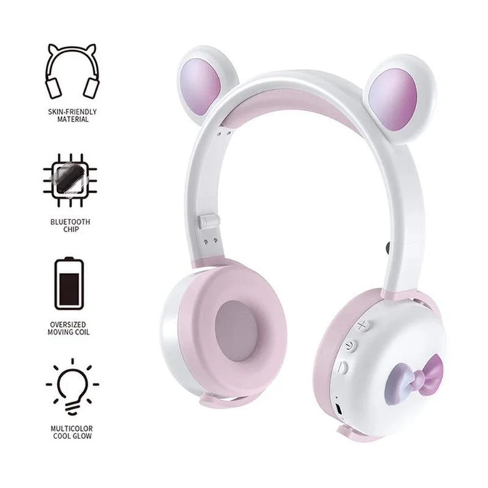 BK7 Cute Bear Wireless Bluetooth-compatible Headset Cartoon LED Light AUX-In Over Ear Headphone Children's Gift (CE Certificated) - Black/Red - 6