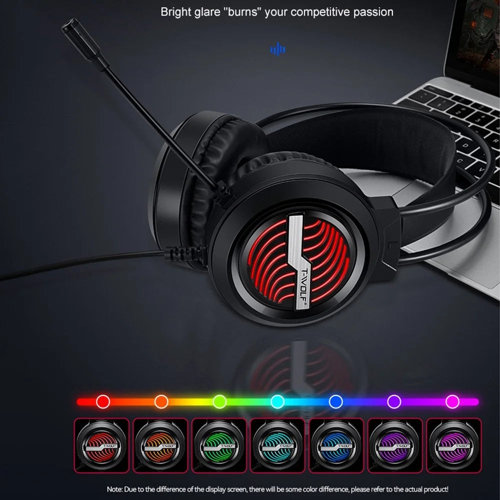 T-WOLF H130 Gaming Headset with Colorful Light/Noise-Canceling Microphone Wired Lightweight Headphone Stretchable Earphone with 3.5mm Jack for Laptop Computer - 2