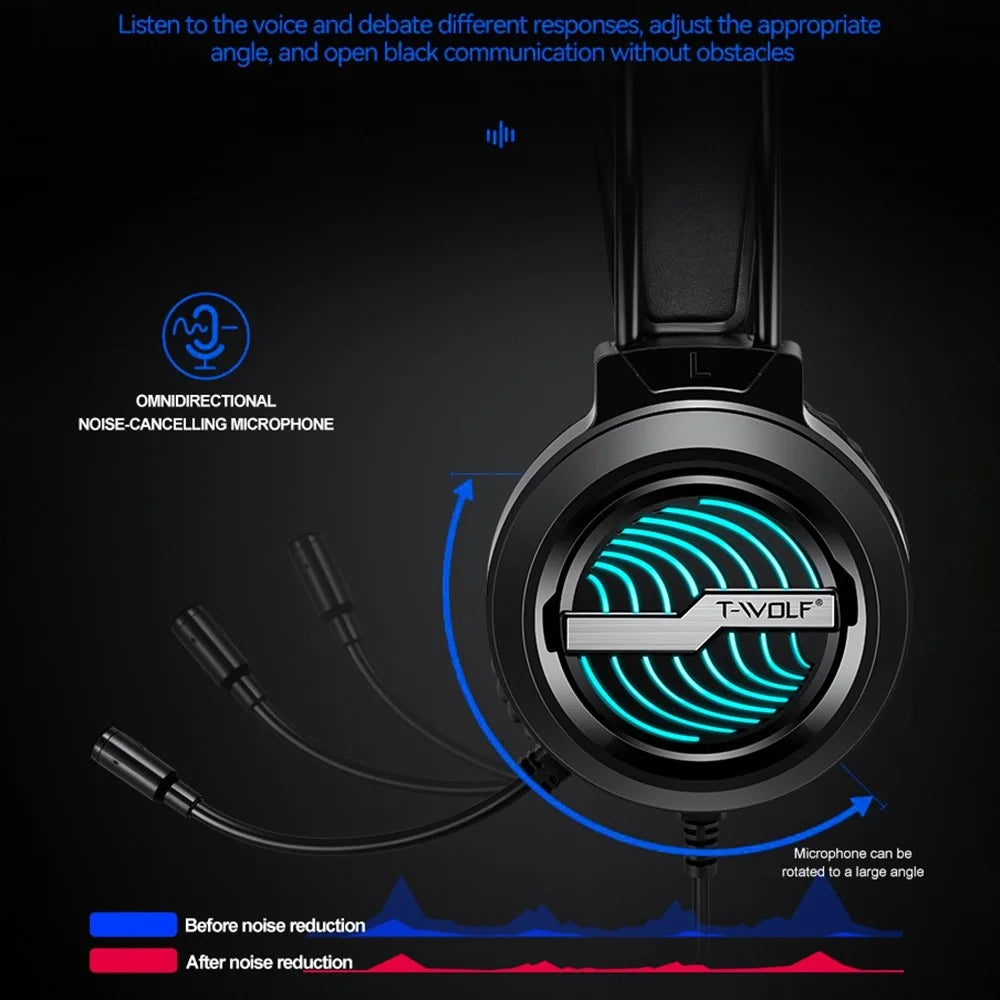 T-WOLF H130 Gaming Headset with Colorful Light/Noise-Canceling Microphone Wired Lightweight Headphone Stretchable Earphone with 3.5mm Jack for Laptop Computer - 3