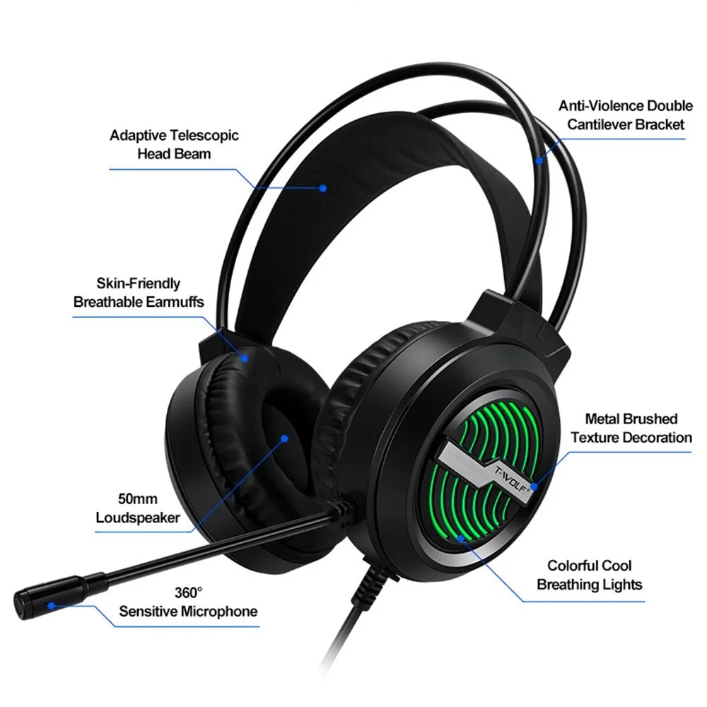 T-WOLF H130 Gaming Headset with Colorful Light/Noise-Canceling Microphone Wired Lightweight Headphone Stretchable Earphone with 3.5mm Jack for Laptop Computer - 5
