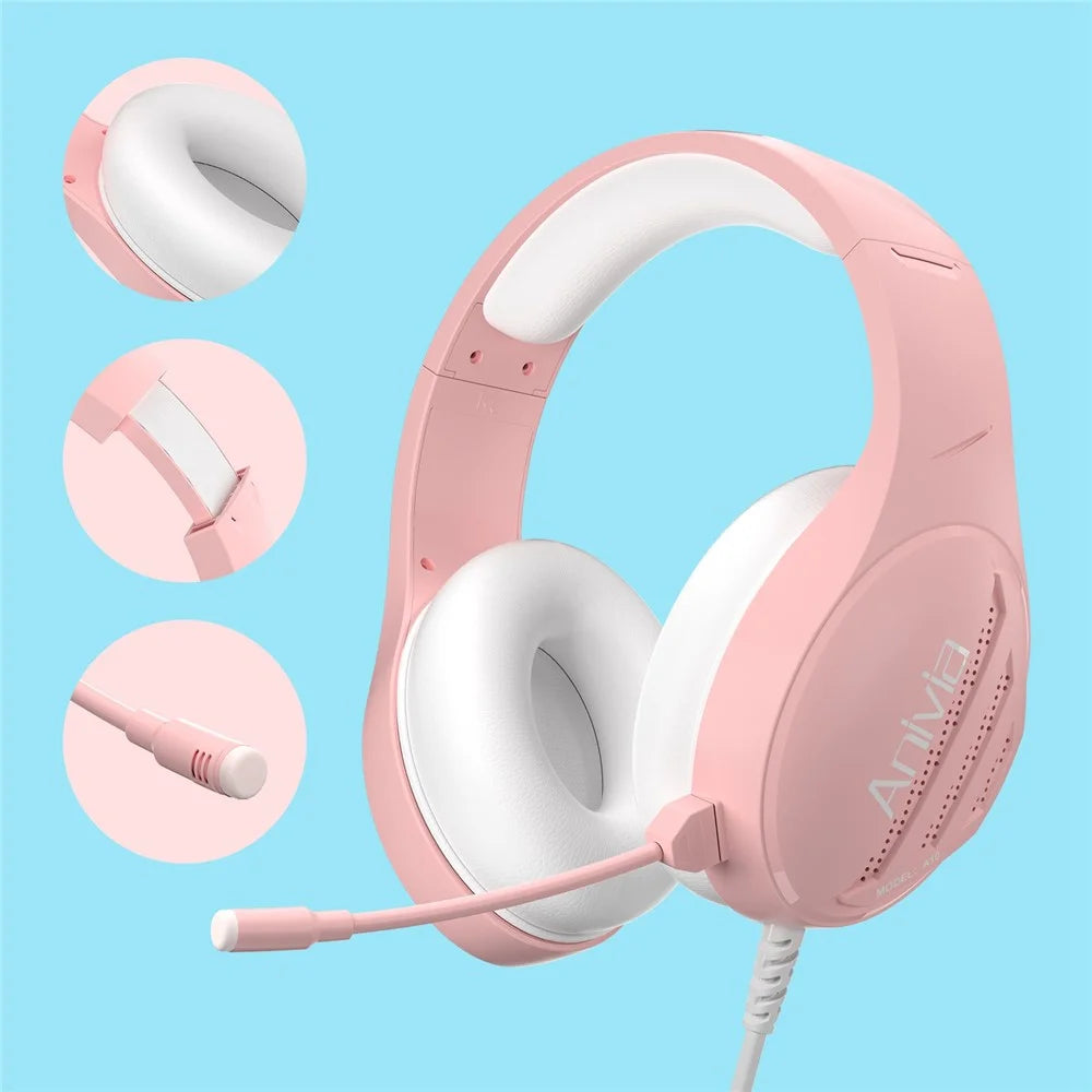 ANIVIA Girls Women Over-Ear Headphone Stereo 3.5mm Wired PC Gaming Headset with Microphone - Pink - 5