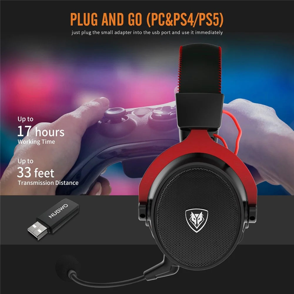 NUBWO G07 2.4G Gaming Headset Wireless Headphone with Noise Reduction Mic Stereo Cordless Earphone for PC, Laptops, PS4, PS5, Nintendo Switch - Black / Red - 3
