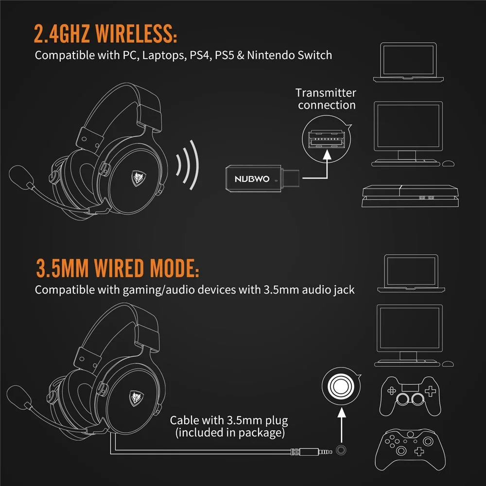 NUBWO G07 2.4G Gaming Headset Wireless Headphone with Noise Reduction Mic Stereo Cordless Earphone for PC, Laptops, PS4, PS5, Nintendo Switch - Black / Red - 4