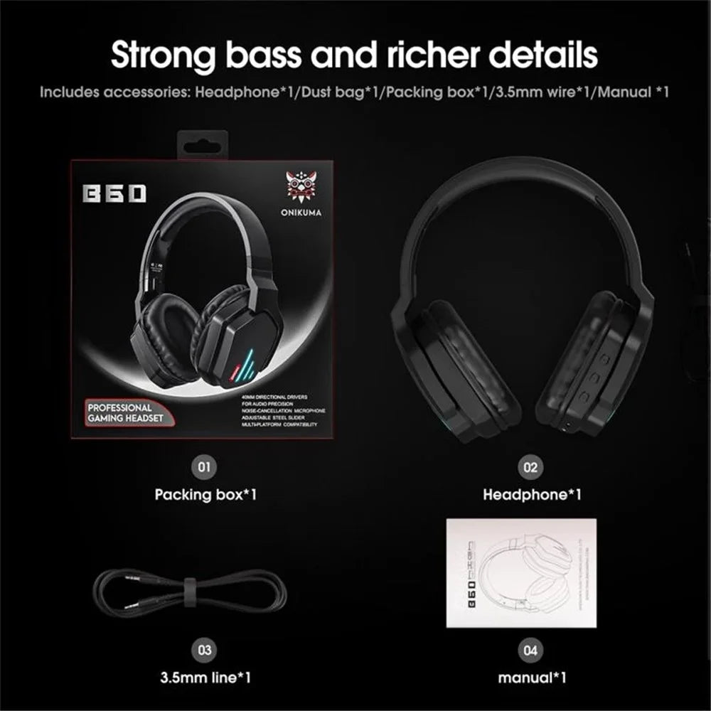 ONIKUMA B60 Wireless Gaming Headset Over-ear Noise Cancelling 2.4G Bluetooth-compatible Lighting Headphone for PS4 PS5 Computer Type C Phone - 7