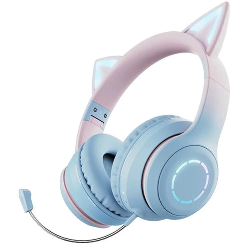 BT029C Bluetooth-compatible Wireless Headset with Detachable Mic RGB LED Adjustable Head-Mount Earphones Kids Stereo Music Cat Ear Folding Headphones - Blue - 1