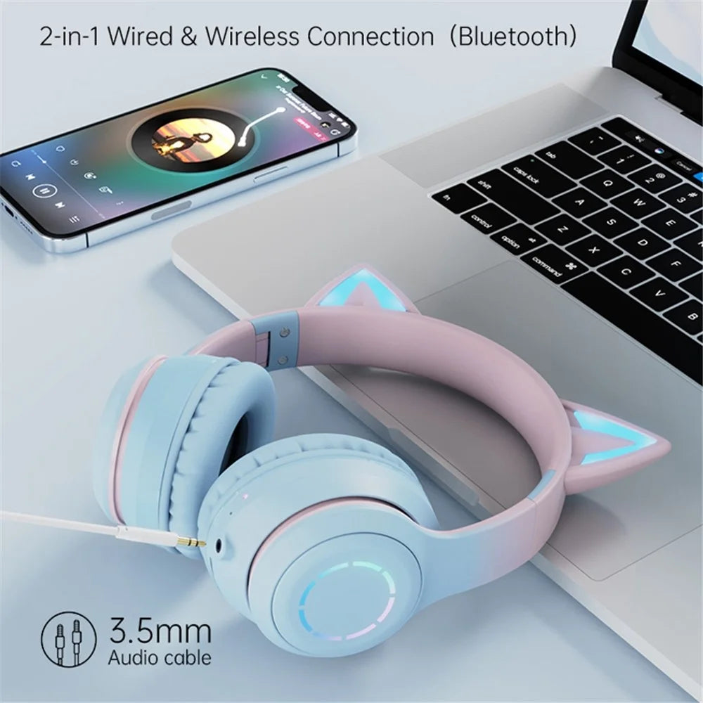 BT029C Bluetooth-compatible Wireless Headset with Detachable Mic RGB LED Adjustable Head-Mount Earphones Kids Stereo Music Cat Ear Folding Headphones - Blue - 2