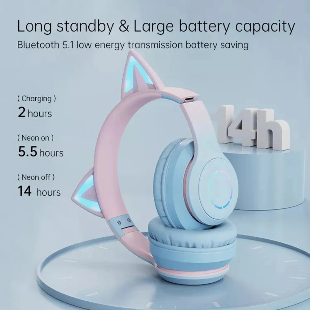BT029C Bluetooth-compatible Wireless Headset with Detachable Mic RGB LED Adjustable Head-Mount Earphones Kids Stereo Music Cat Ear Folding Headphones - Blue - 3