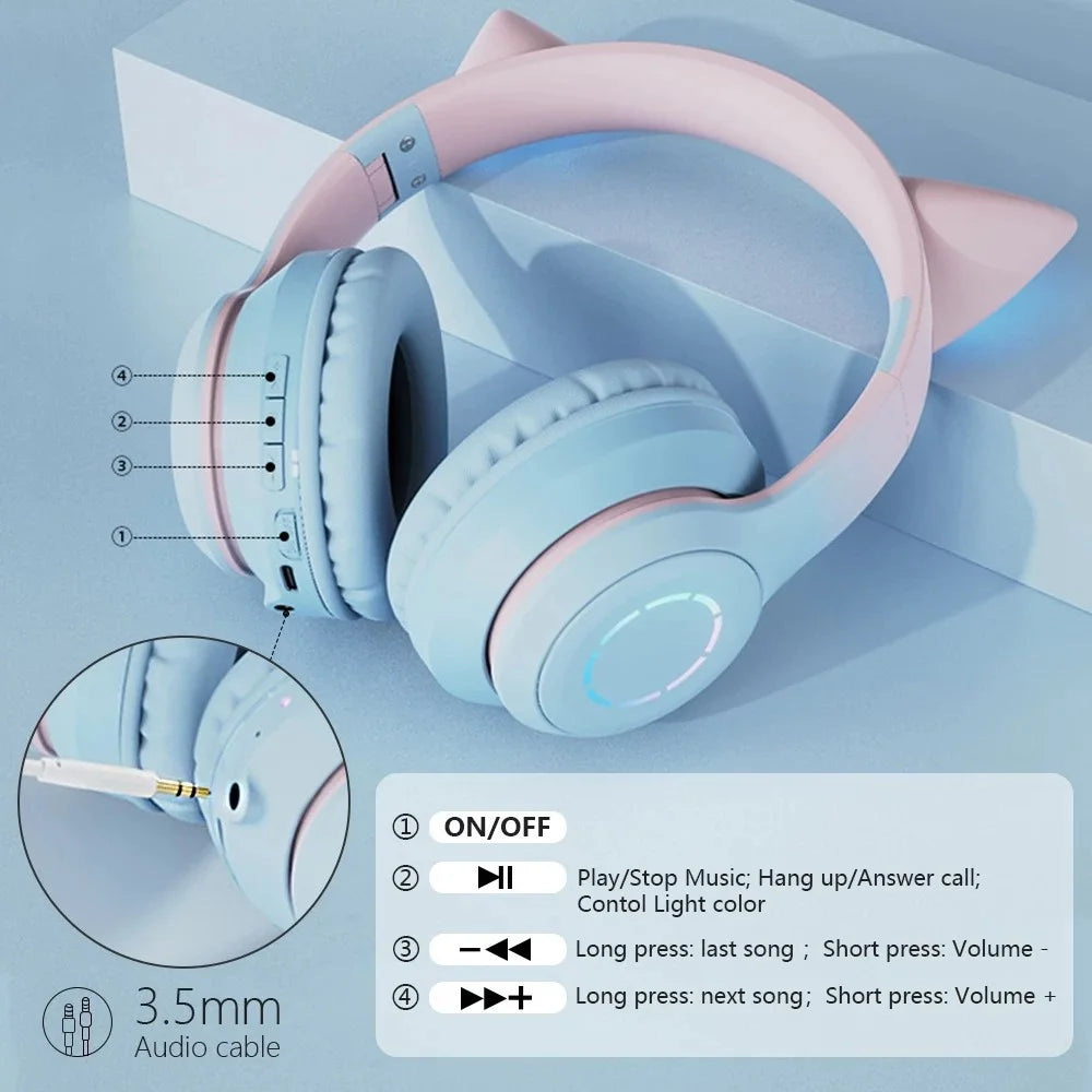 BT029C Bluetooth-compatible Wireless Headset with Detachable Mic RGB LED Adjustable Head-Mount Earphones Kids Stereo Music Cat Ear Folding Headphones - Blue - 7