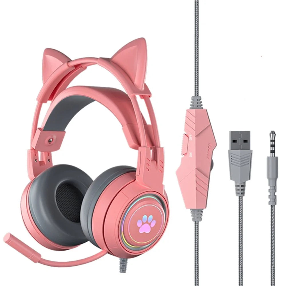 SY-G25 RGB Light Wired Headset Cat Ear Decorated Headphones with Noise Cancelling Mic 3.5mm Gaming Earphones for E-Sports - Pink - 1
