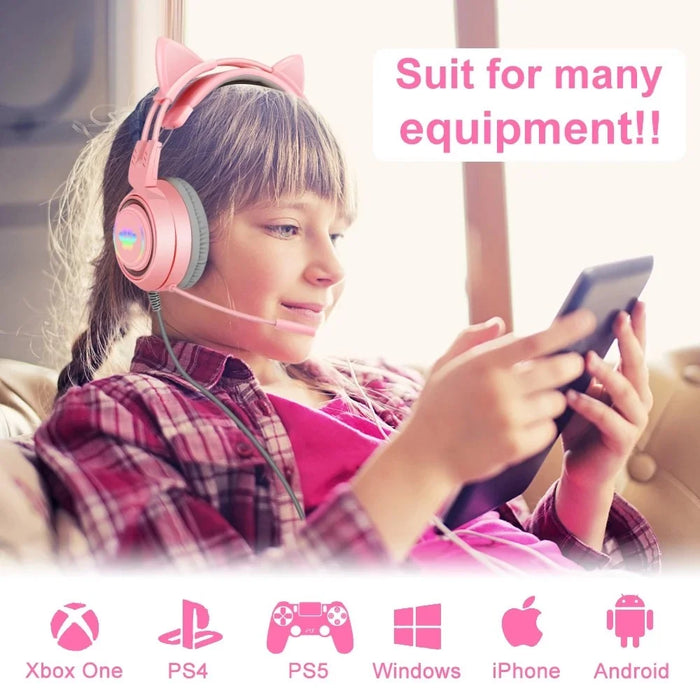 SY-G25 RGB Light Wired Headset Cat Ear Decorated Headphones with Noise Cancelling Mic 3.5mm Gaming Earphones for E-Sports - Pink - 2
