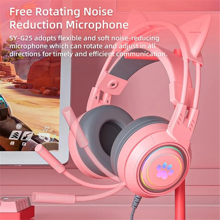 SY-G25 RGB Light Wired Headset Cat Ear Decorated Headphones with Noise Cancelling Mic 3.5mm Gaming Earphones for E-Sports - Pink - 3