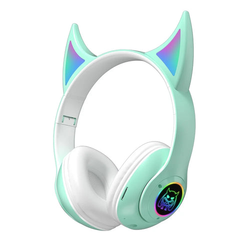 STN25 Kids Devil Ears Headset with HD Mic Wireless Headphones RGB Light Folding Earphones Support 3.5mm Audio Cable Wired Connection - Green - 1