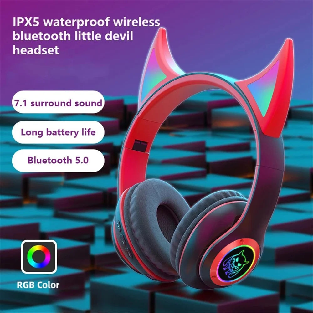 STN25 Kids Devil Ears Headset with HD Mic Wireless Headphones RGB Light Folding Earphones Support 3.5mm Audio Cable Wired Connection - Green - 2