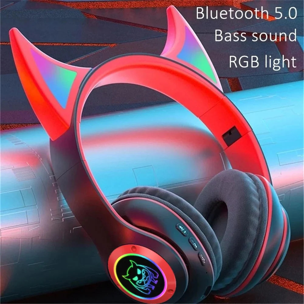 STN25 Kids Devil Ears Headset with HD Mic Wireless Headphones RGB Light Folding Earphones Support 3.5mm Audio Cable Wired Connection - Green - 3