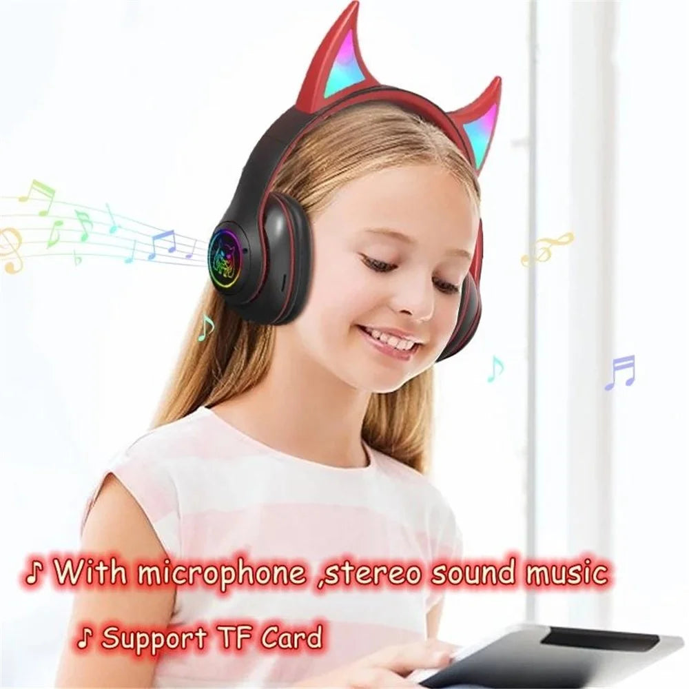 STN25 Kids Devil Ears Headset with HD Mic Wireless Headphones RGB Light Folding Earphones Support 3.5mm Audio Cable Wired Connection - Green - 4
