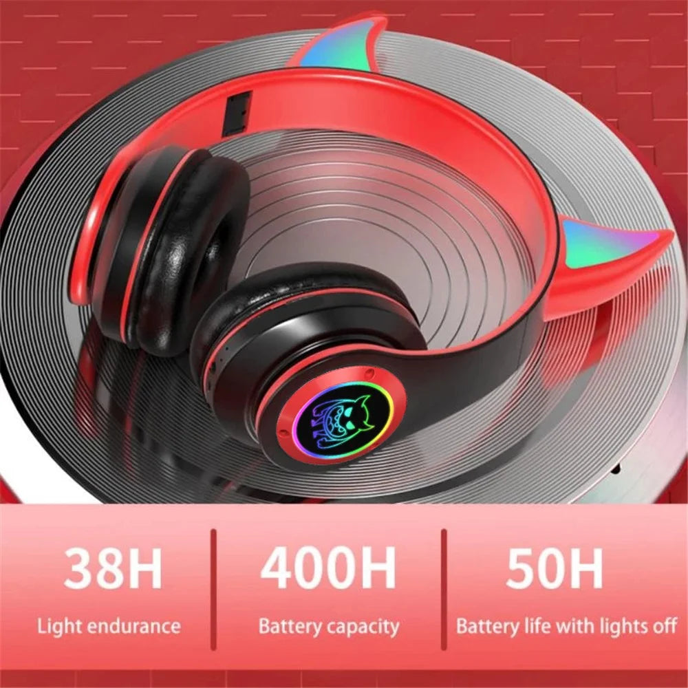 STN25 Kids Devil Ears Headset with HD Mic Wireless Headphones RGB Light Folding Earphones Support 3.5mm Audio Cable Wired Connection - Green - 5