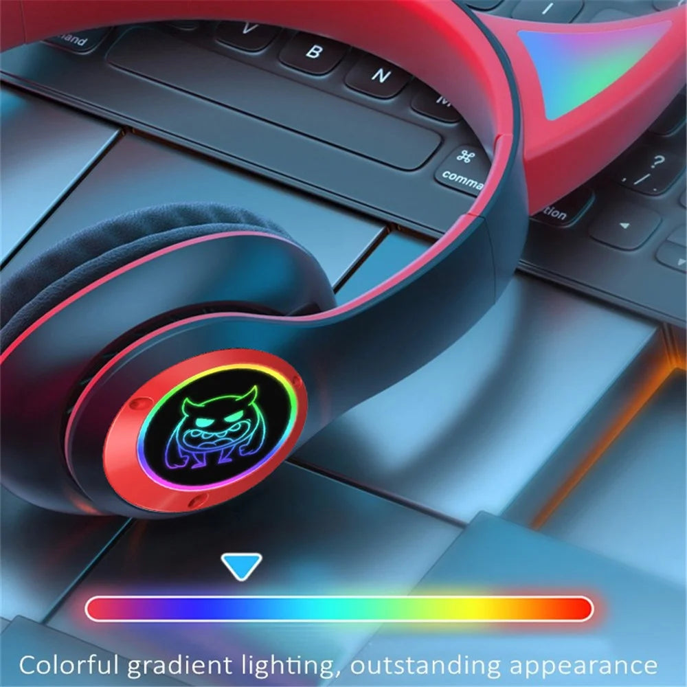 STN25 Kids Devil Ears Headset with HD Mic Wireless Headphones RGB Light Folding Earphones Support 3.5mm Audio Cable Wired Connection - Green - 7
