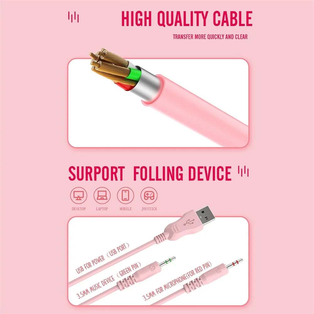 BATXELLENT H81 RGB Lighting Wired Headphone Gaming Headset with Noise Cancelling Mic, Cat Ears Design - Pink - 2