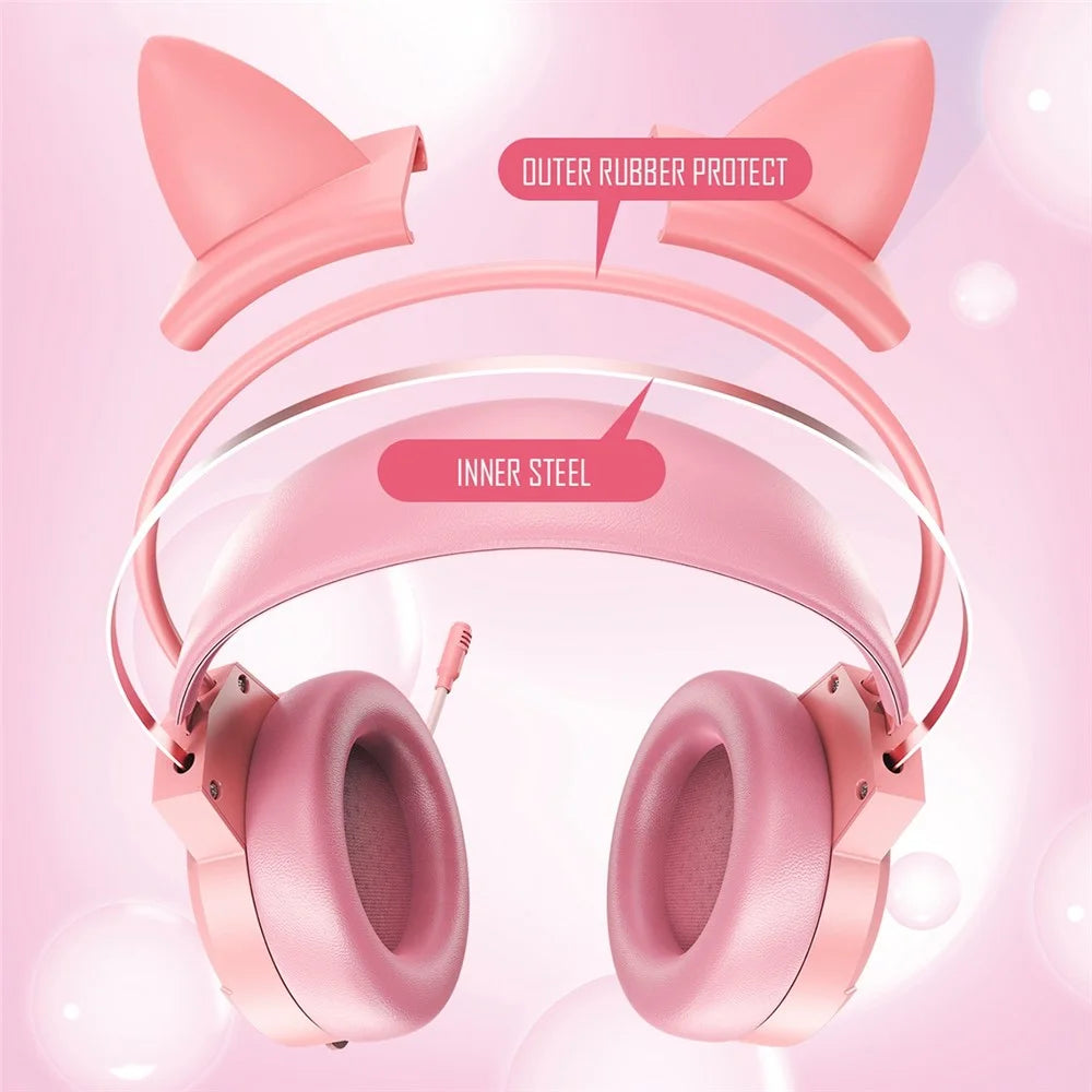 BATXELLENT H81 RGB Lighting Wired Headphone Gaming Headset with Noise Cancelling Mic, Cat Ears Design - Pink - 3