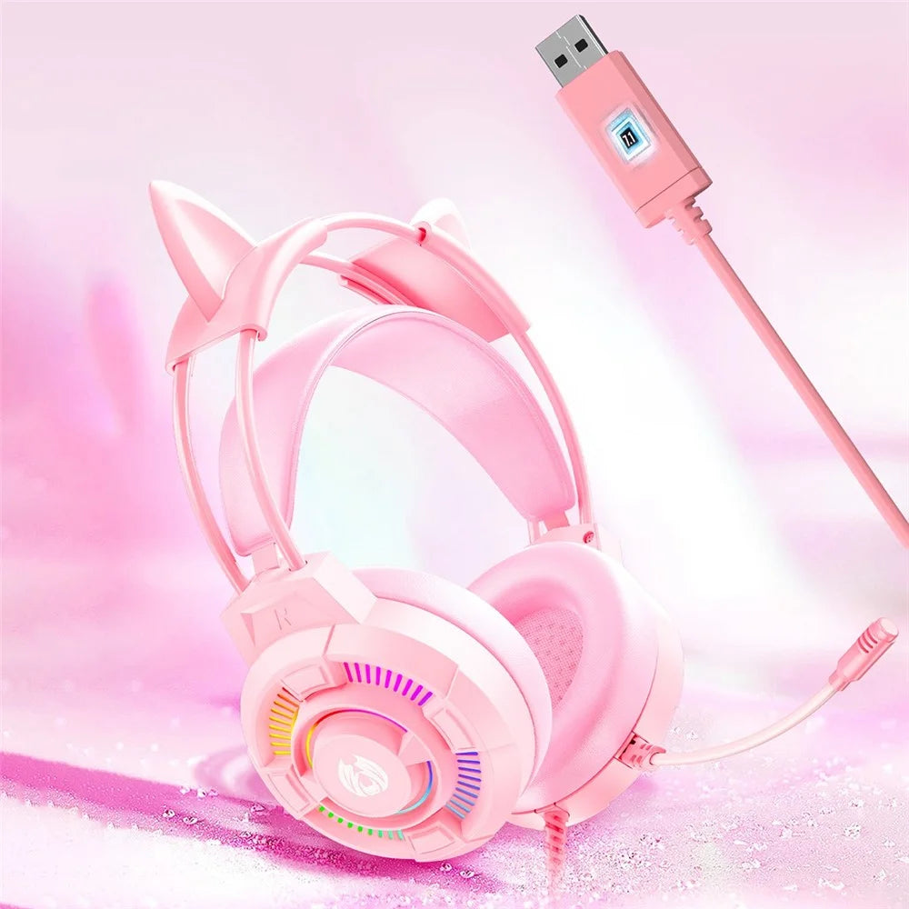 BATXELLENT H81 RGB Lighting Wired Headphone Gaming Headset with Noise Cancelling Mic, Cat Ears Design - Pink - 4