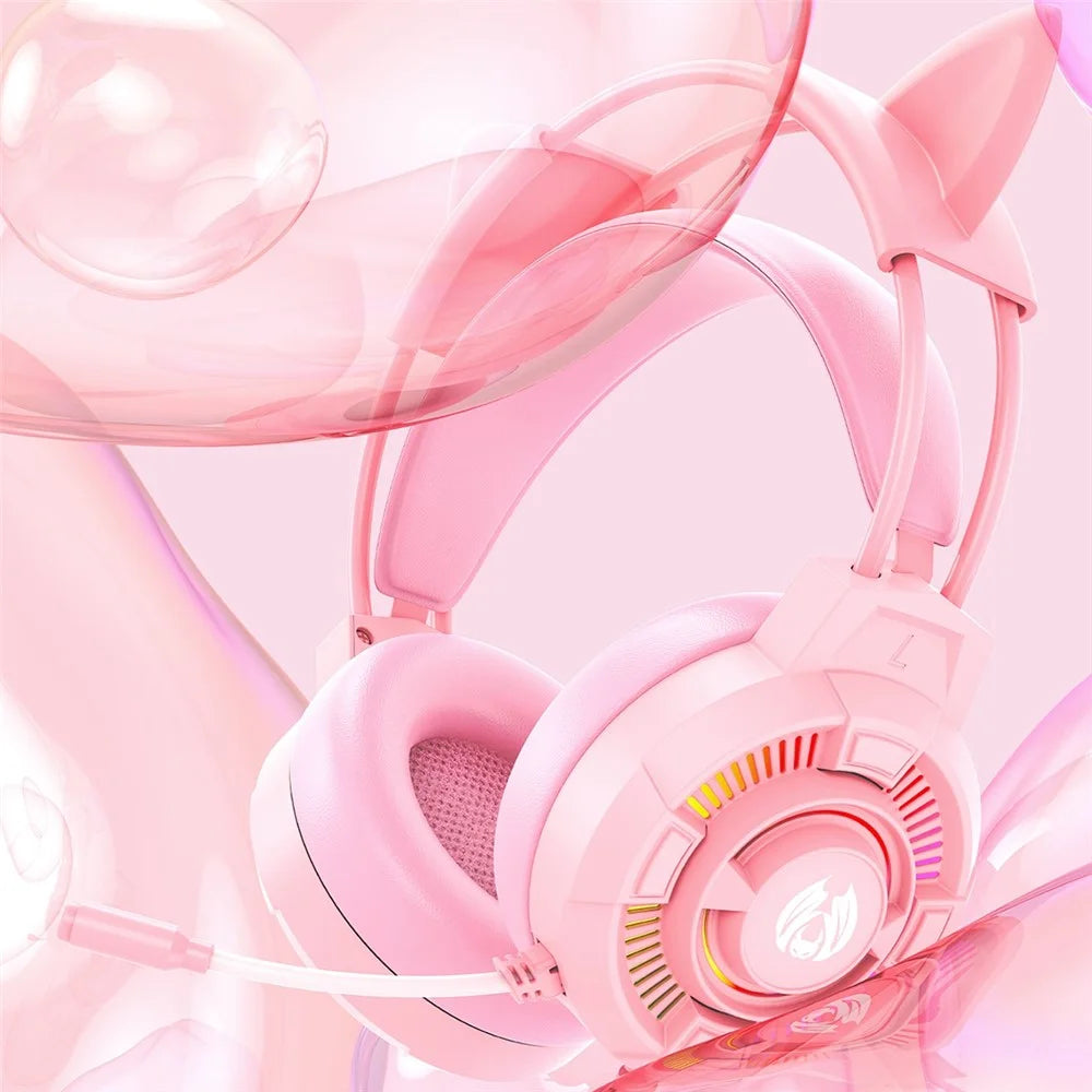 BATXELLENT H81 RGB Lighting Wired Headphone Gaming Headset with Noise Cancelling Mic, Cat Ears Design - Pink - 5