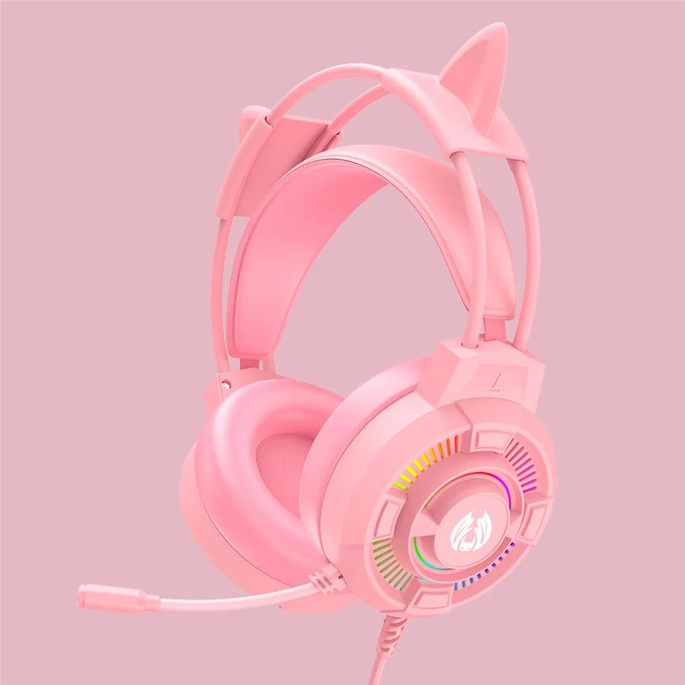 BATXELLENT H81 RGB Lighting Wired Headphone Gaming Headset with Noise Cancelling Mic, Cat Ears Design - Pink - 6