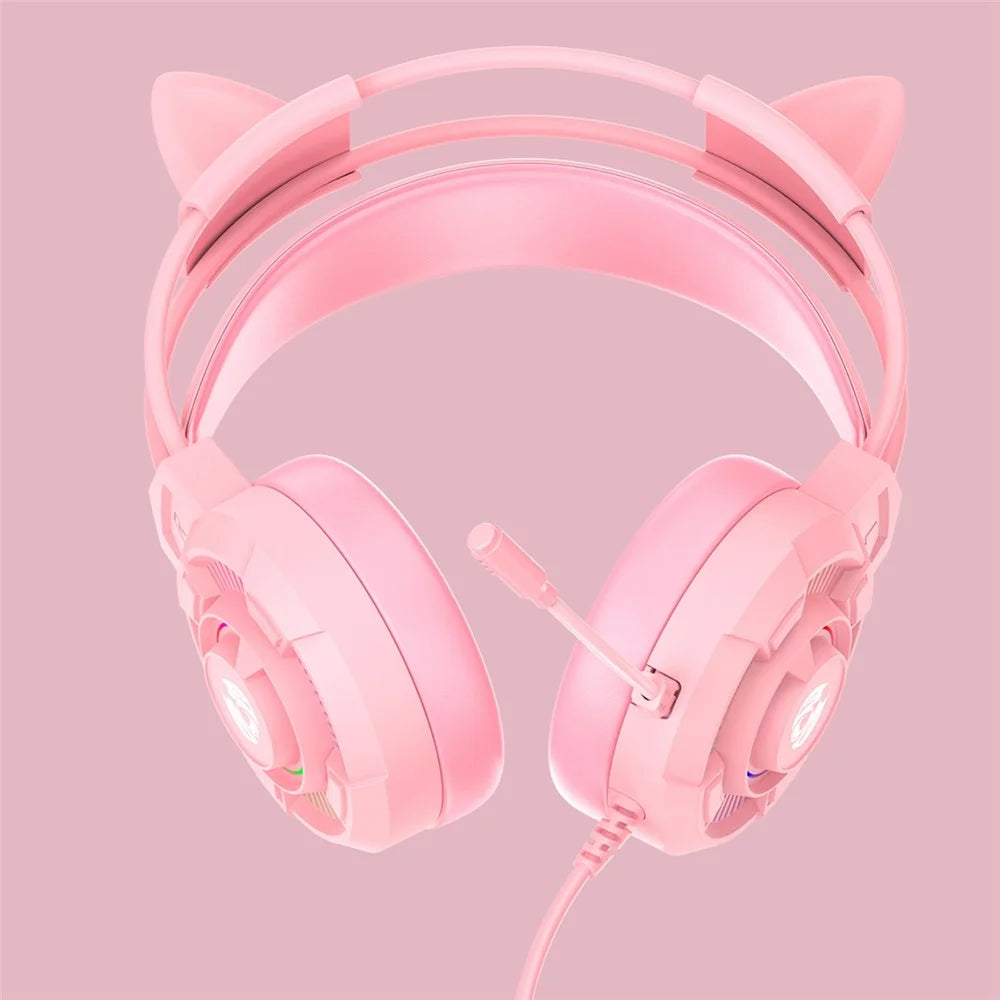BATXELLENT H81 RGB Lighting Wired Headphone Gaming Headset with Noise Cancelling Mic, Cat Ears Design - Pink - 7