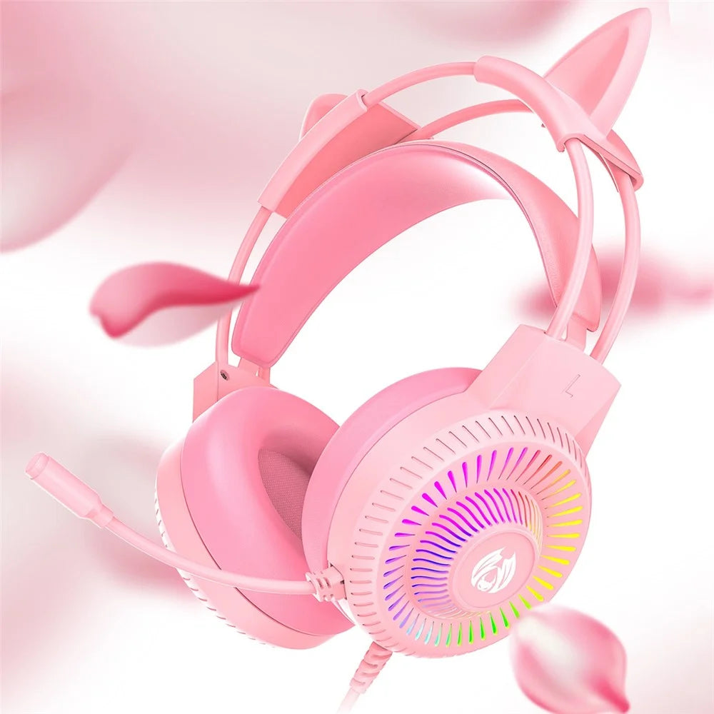 BATXELLENT H82 Cat Ears Design Wired Headphone RGB Light Gaming Headset with Noise Cancelling Mic - Pink - 2