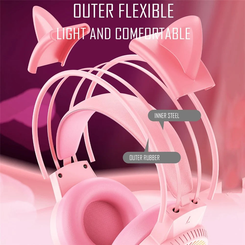BATXELLENT H82 Cat Ears Design Wired Headphone RGB Light Gaming Headset with Noise Cancelling Mic - Pink - 3