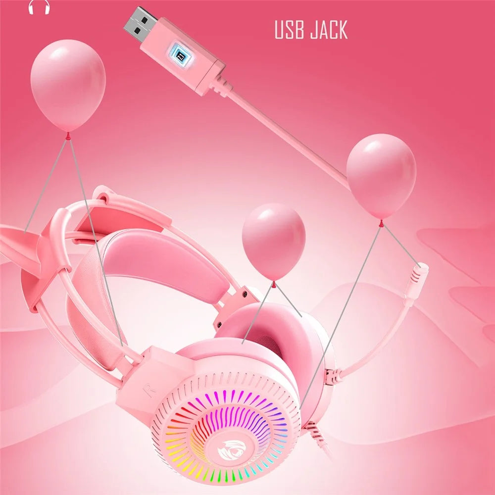 BATXELLENT H82 Cat Ears Design Wired Headphone RGB Light Gaming Headset with Noise Cancelling Mic - Pink - 4