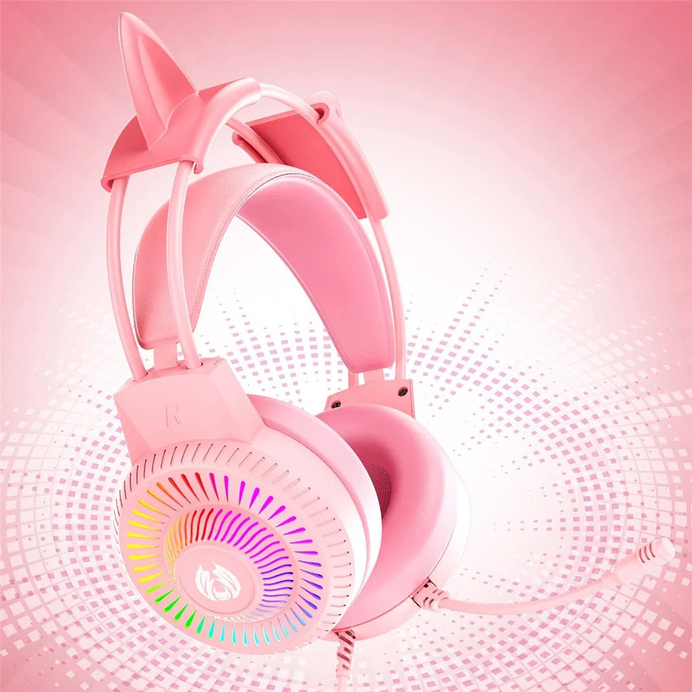 BATXELLENT H82 Cat Ears Design Wired Headphone RGB Light Gaming Headset with Noise Cancelling Mic - Pink - 6
