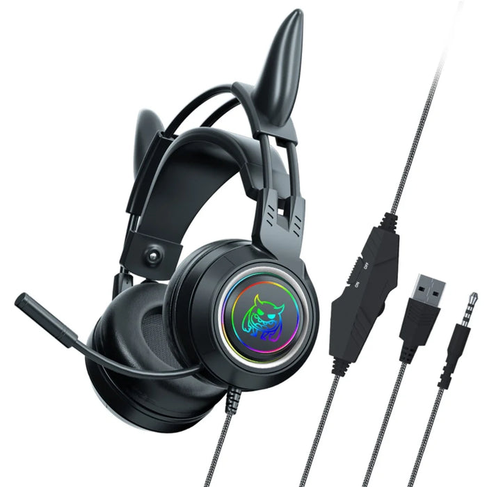 SY-G25 Devil Ears Design RGB Lighting Wired Control Gaming Earphone 3D Surround Sound Game Headset with HD Mic - Black - 1