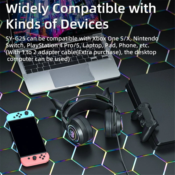 SY-G25 Devil Ears Design RGB Lighting Wired Control Gaming Earphone 3D Surround Sound Game Headset with HD Mic - Black - 4