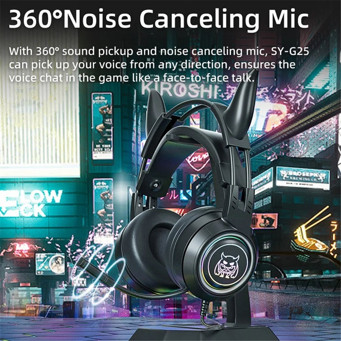 SY-G25 Devil Ears Design RGB Lighting Wired Control Gaming Earphone 3D Surround Sound Game Headset with HD Mic - Black - 7