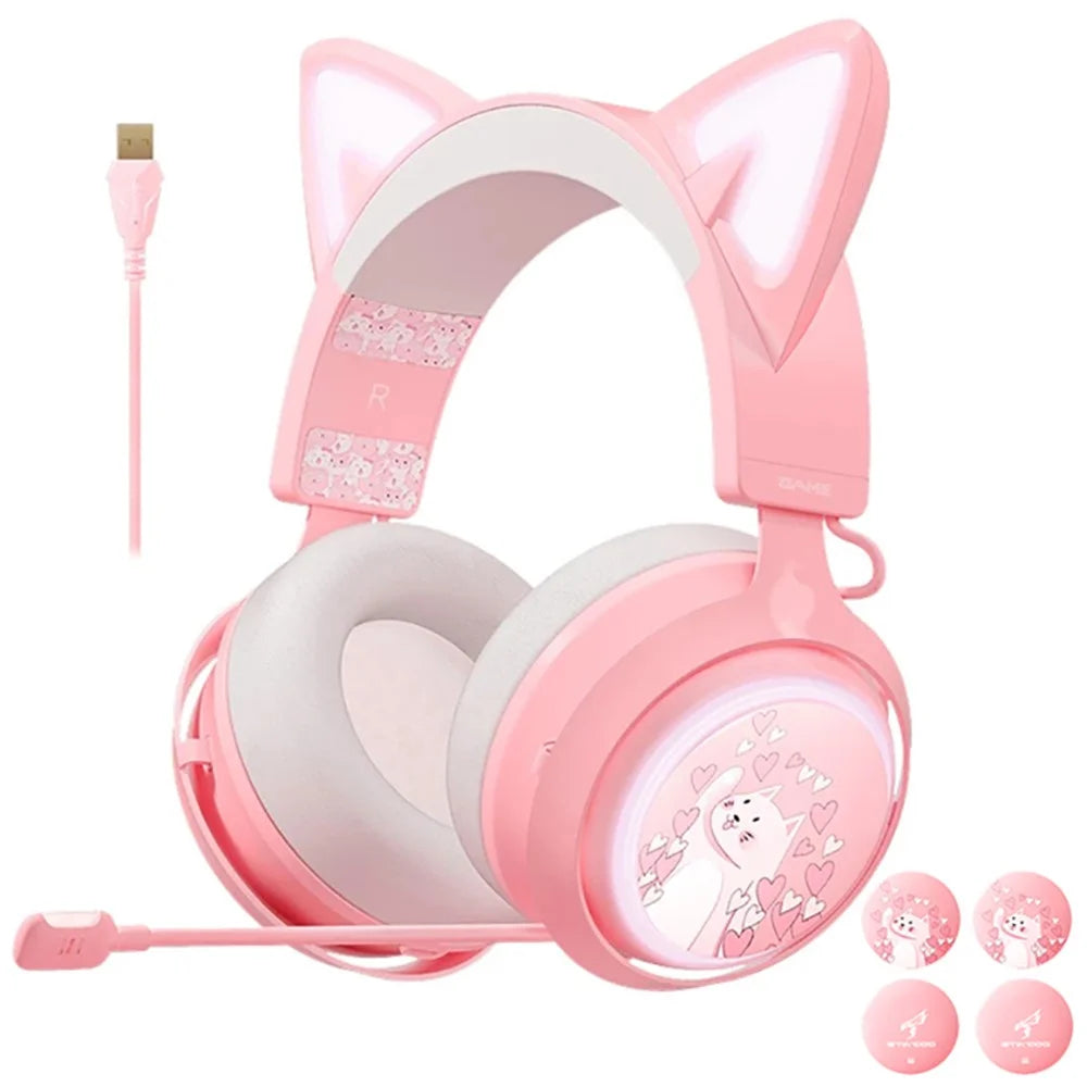 SOMIC GS510 Cute Cat Ear Design USB7.1 Wired Over-Ear E-sports Headphone RGB LED Light Music Gaming Headset - Pink - 1