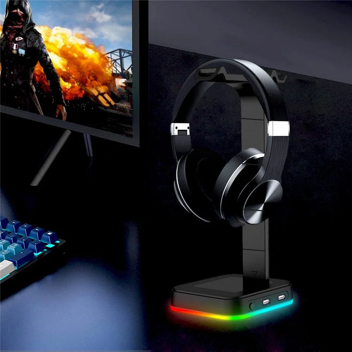 RGBD9  RGB Color Changing Light Headset Rack Holder Dual USB Hub Gaming Headset Display Stand - 4