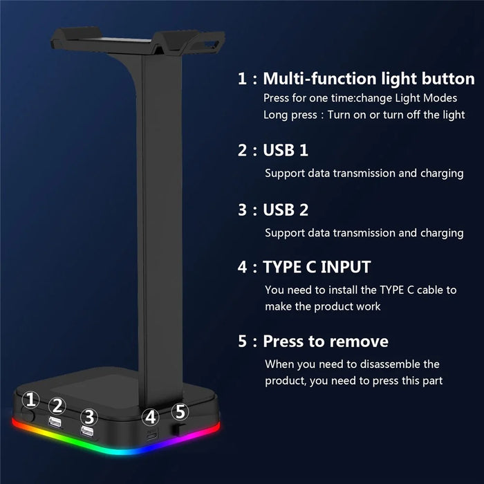 RGBD9  RGB Color Changing Light Headset Rack Holder Dual USB Hub Gaming Headset Display Stand - 6