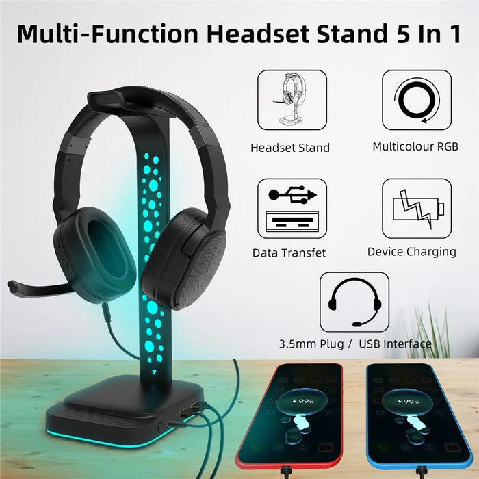G2 RGB Headphone Stand Gaming Headset Holder Gaming Headset Desk Hook Hanger Mount with 2 USB Chargers and 9 Light Modes - 4