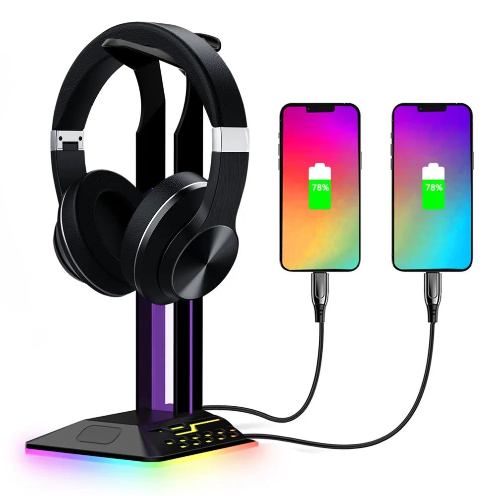 RGBD8 Dual USB Hub Headset Holder RGB Color Changing Light Gaming Headphone Display Stand - 1