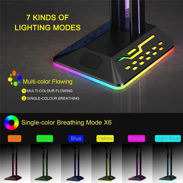 RGBD8 Dual USB Hub Headset Holder RGB Color Changing Light Gaming Headphone Display Stand - 2